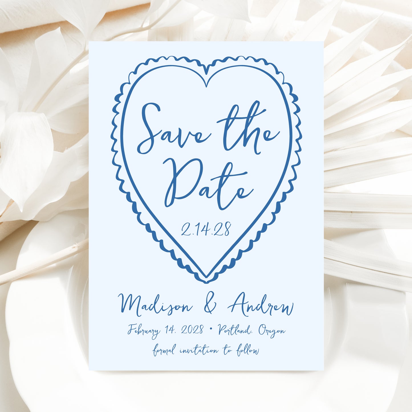 Whimsical Blue Heart Wedding Save the Date Card | Corjl Template
