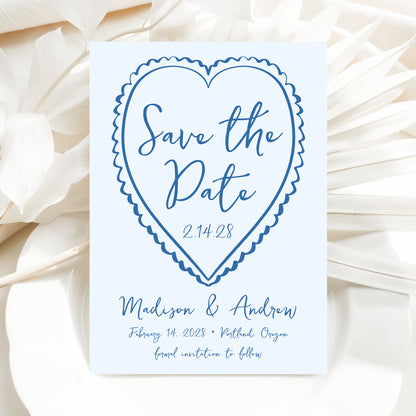 Whimsical Blue Heart Wedding Save the Date Card | Corjl Template