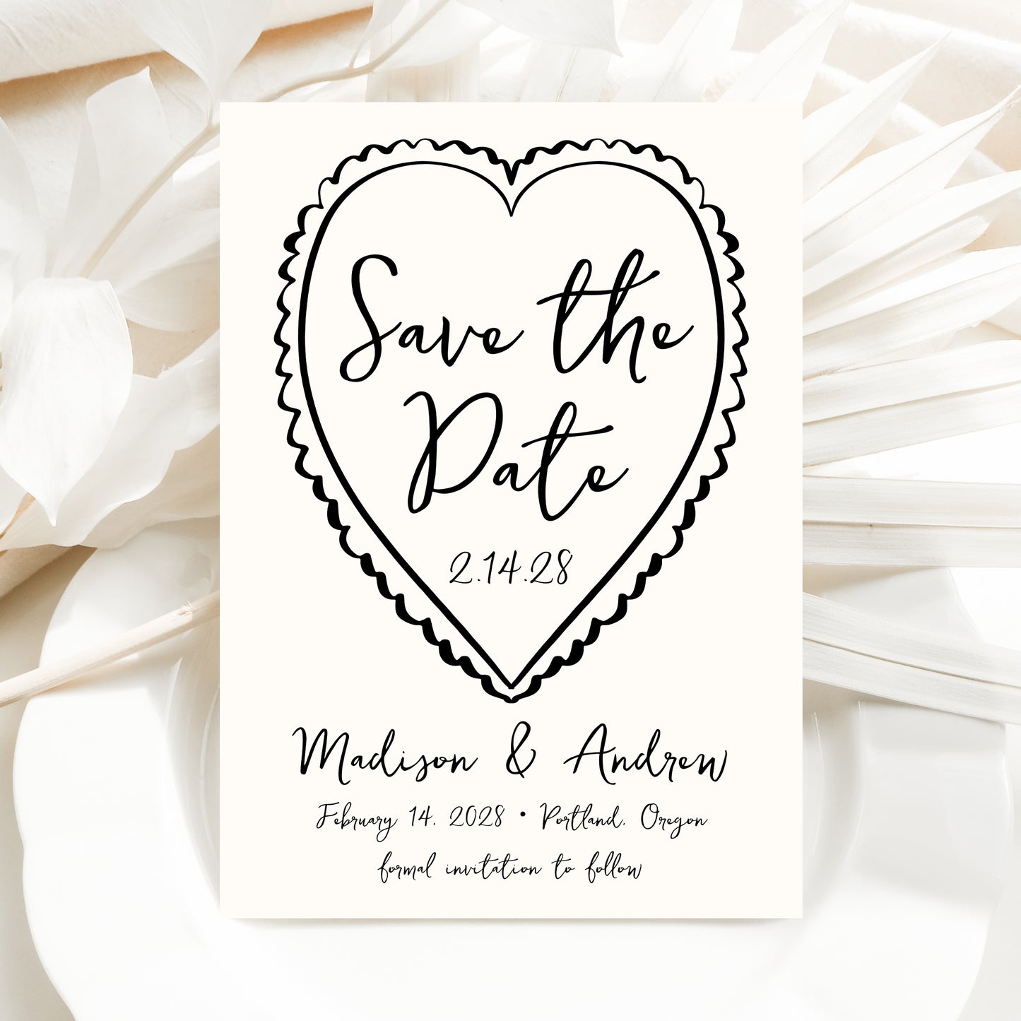 Whimsical Cream and Black Heart Wedding Save the Date Card | Corjl Template