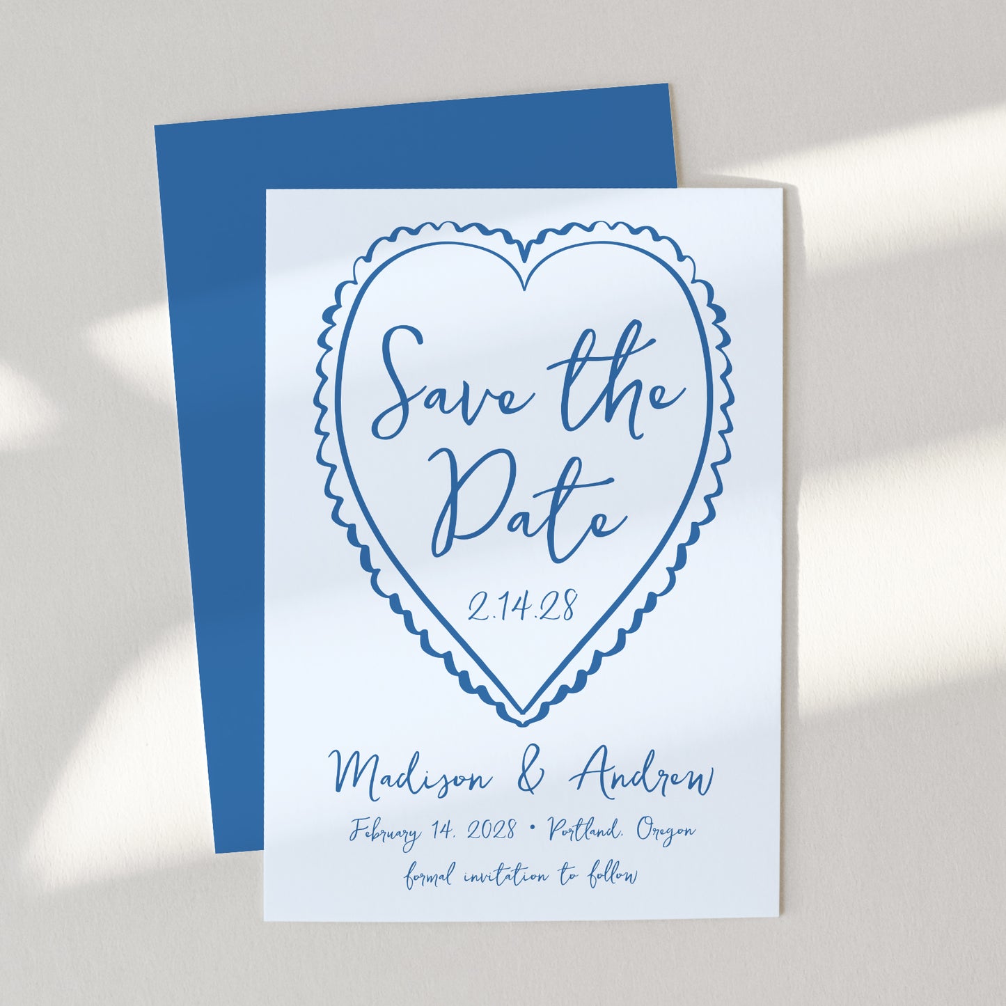 Whimsical Blue Heart Wedding Save the Date Card | Corjl Template