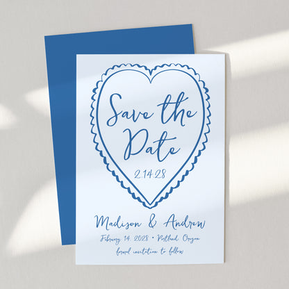 Whimsical Blue Heart Wedding Save the Date Card | Corjl Template