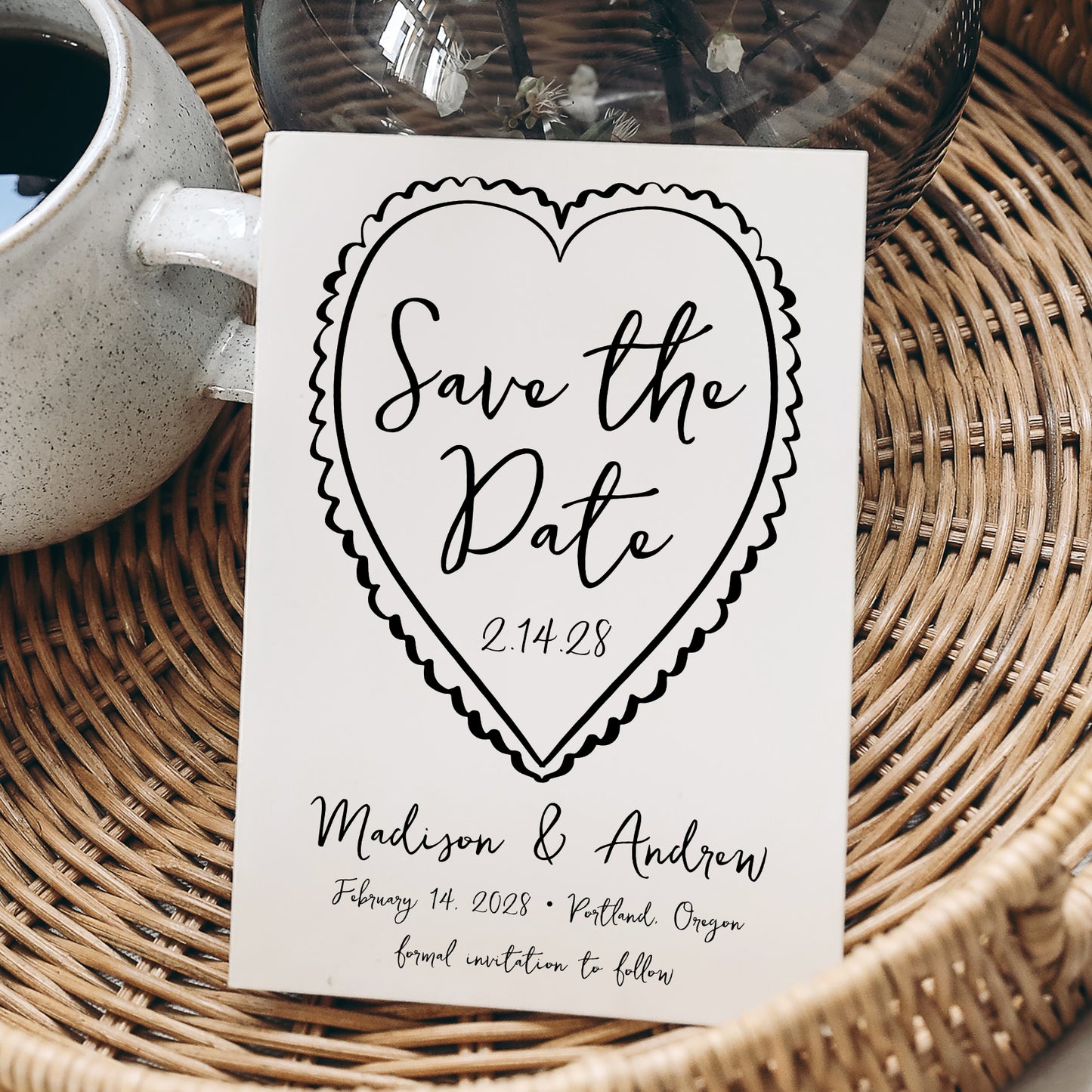 Whimsical Cream and Black Heart Wedding Save the Date Card | Corjl Template