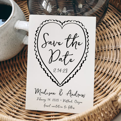 Whimsical Cream and Black Heart Wedding Save the Date Card | Corjl Template