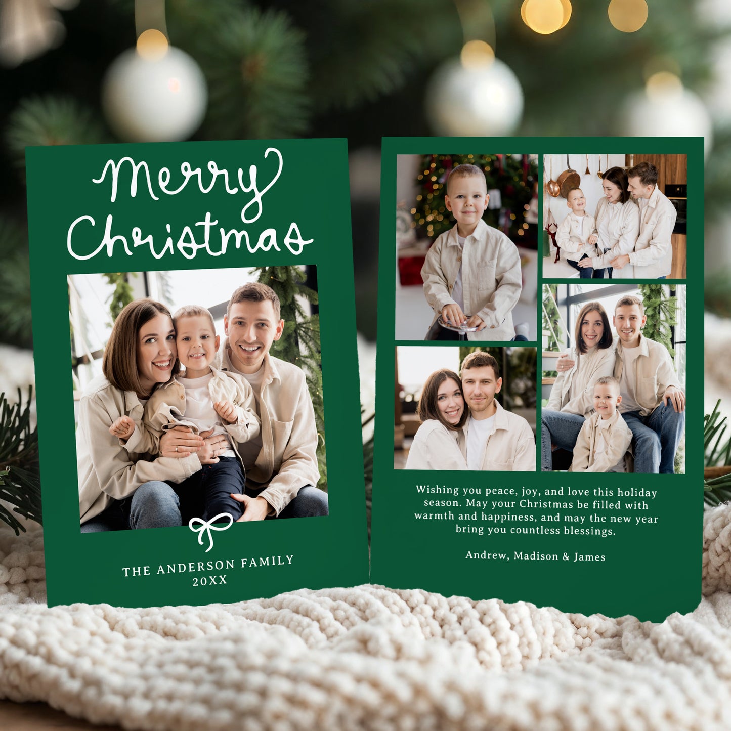 Whimsical Script Bow Green 5 Photo Christmas Card | Corjl Template