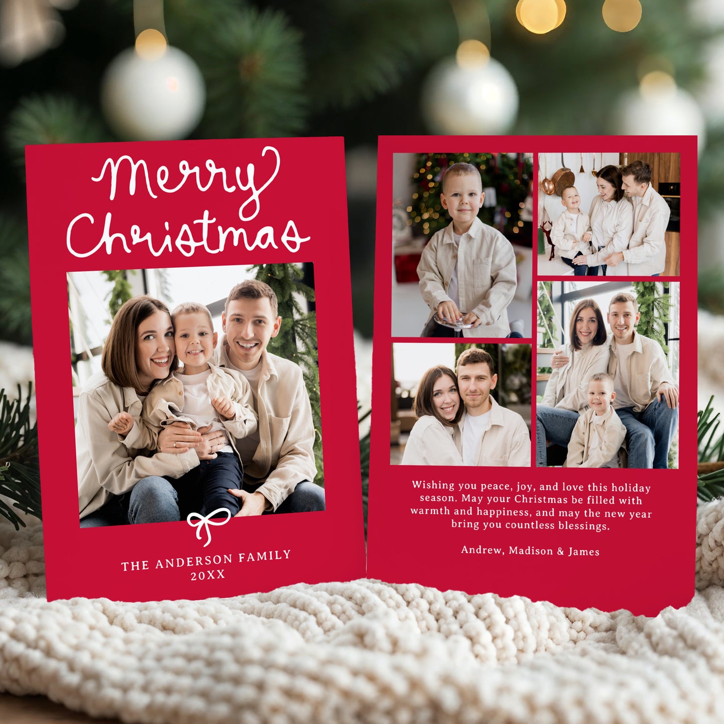 Whimsical Script Bow Red 5 Photo Christmas Card | Corjl Template
