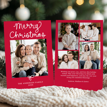Whimsical Script Bow Red 5 Photo Christmas Card | Corjl Template
