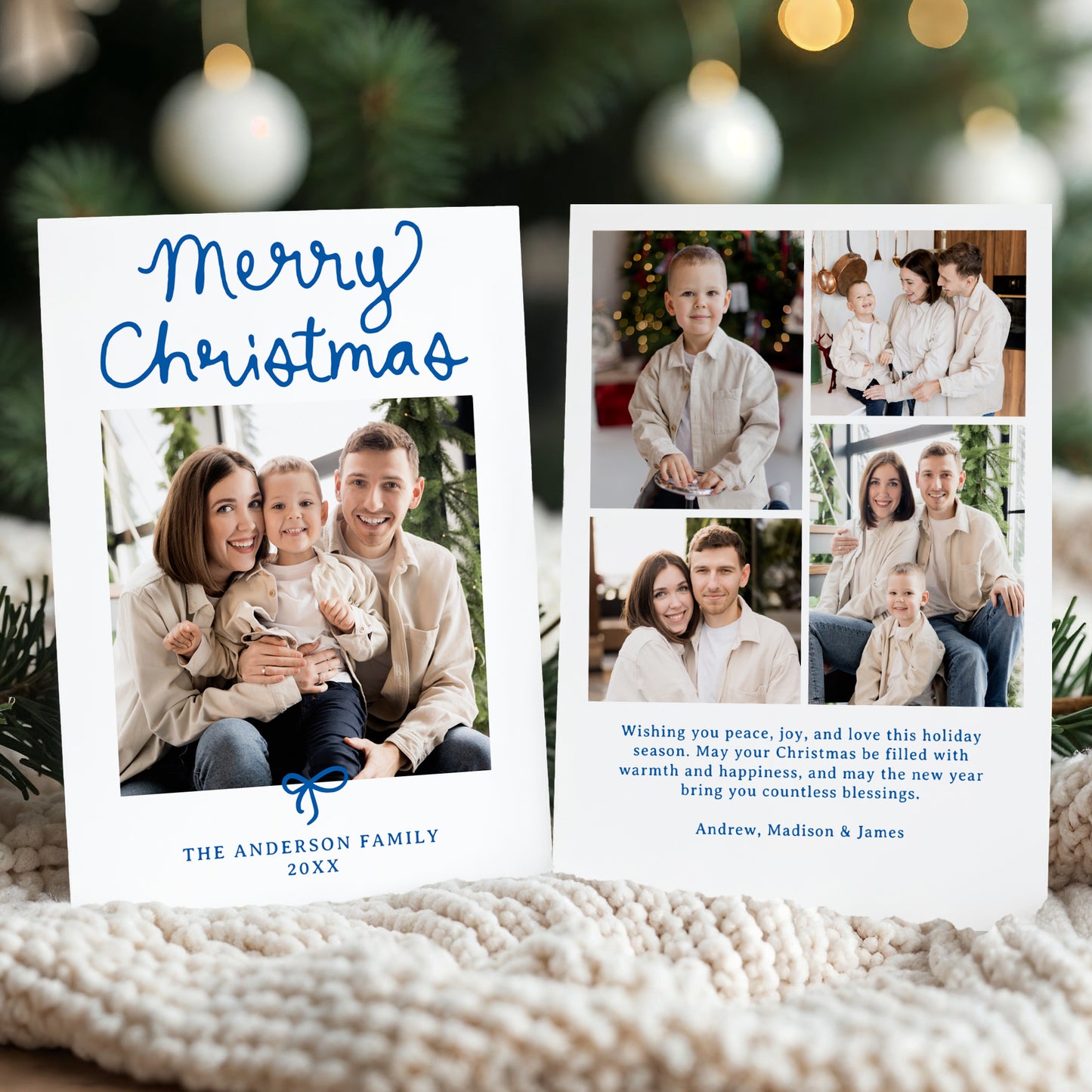 Whimsical Script Blue Bow 5 Photo Christmas Card | Corjl Template