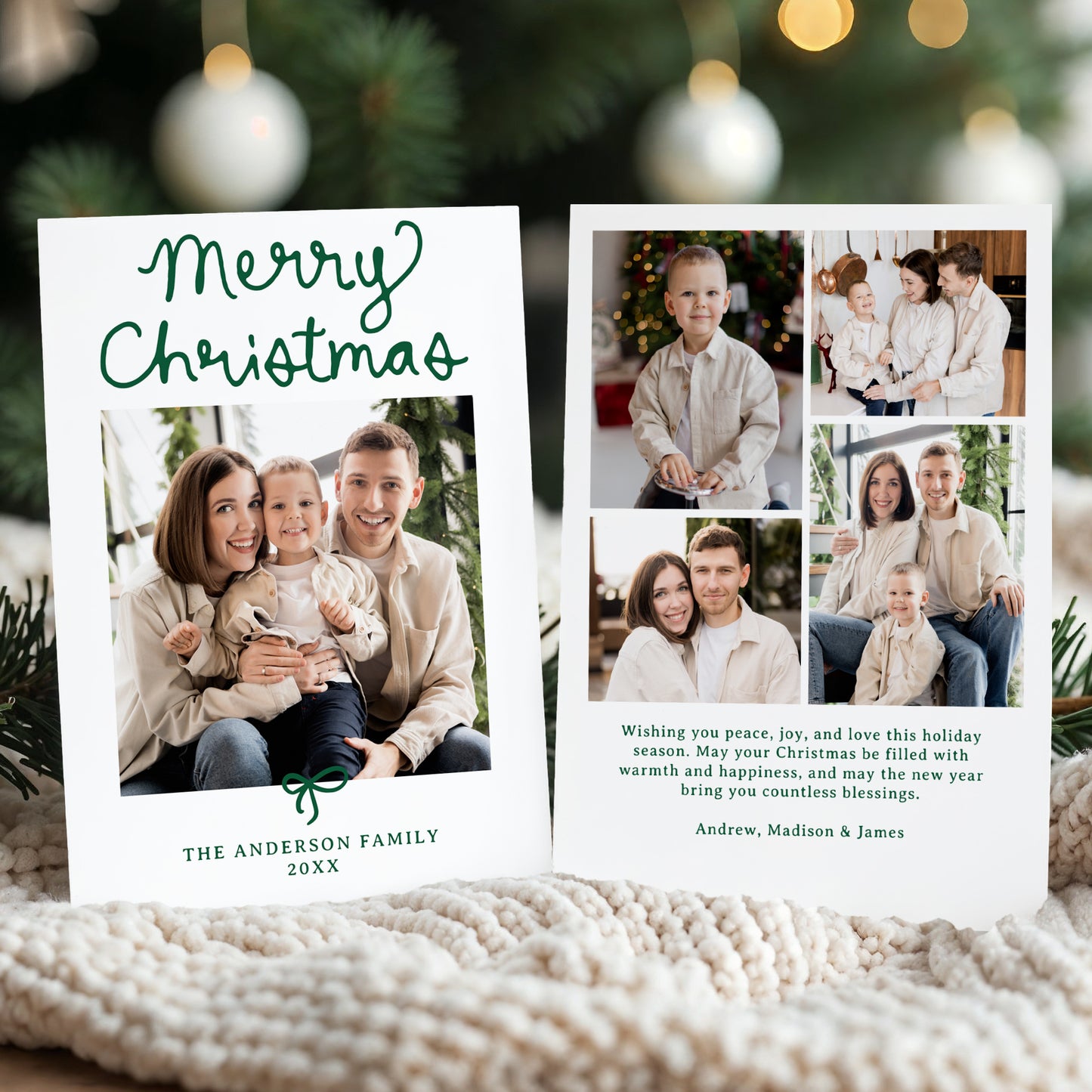 Whimsical Script Green Bow 5 Photo Christmas Card | Corjl Template