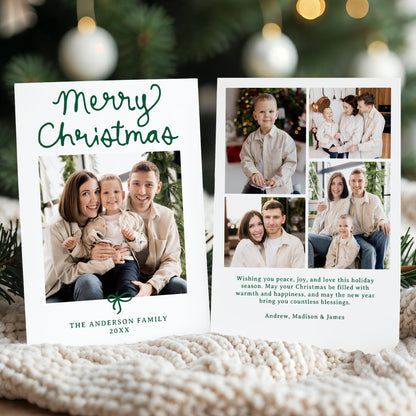 Whimsical Script Green Bow 5 Photo Christmas Card | Corjl Template