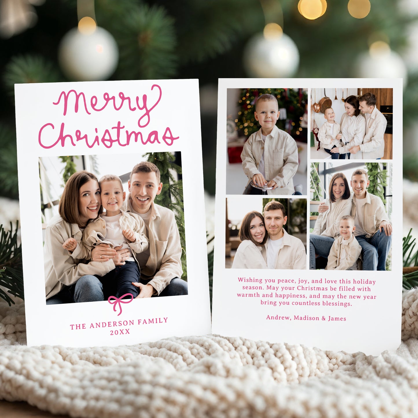Whimsical Script Pink Bow 5 Photo Christmas Card | Corjl Listing