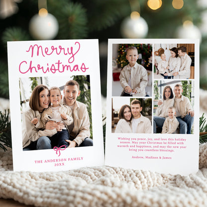 Whimsical Script Pink Bow 5 Photo Christmas Card | Corjl Listing