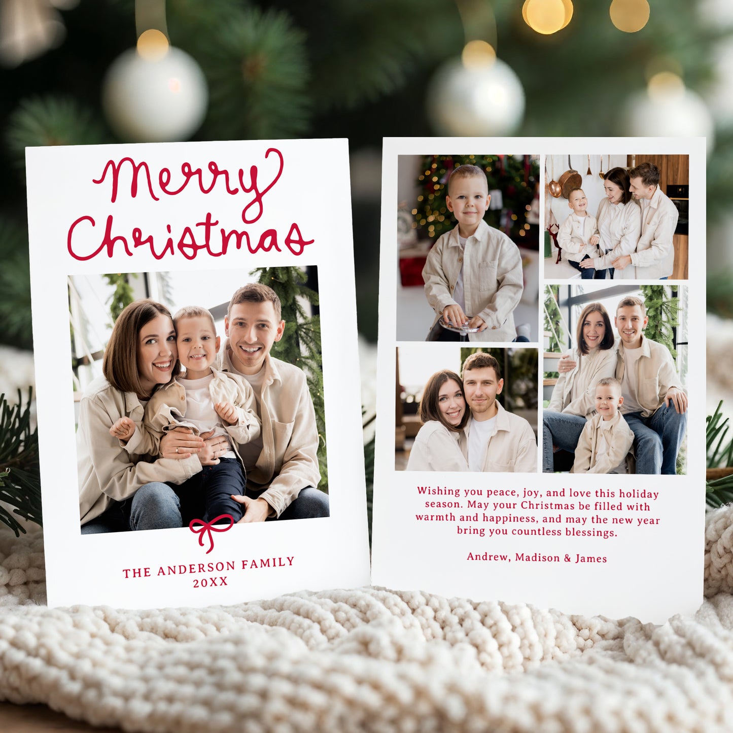 Whimsical Script Red Bow 5 Photo Christmas Card | Corjl Template