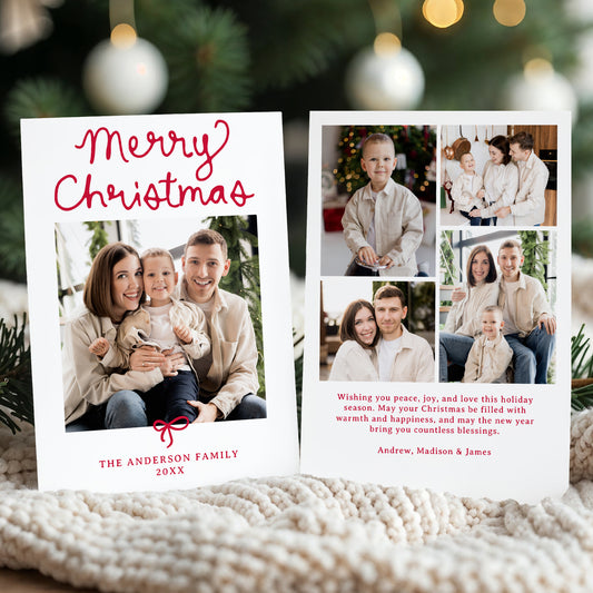 Whimsical Script Red Bow 5 Photo Christmas Card | Corjl Template