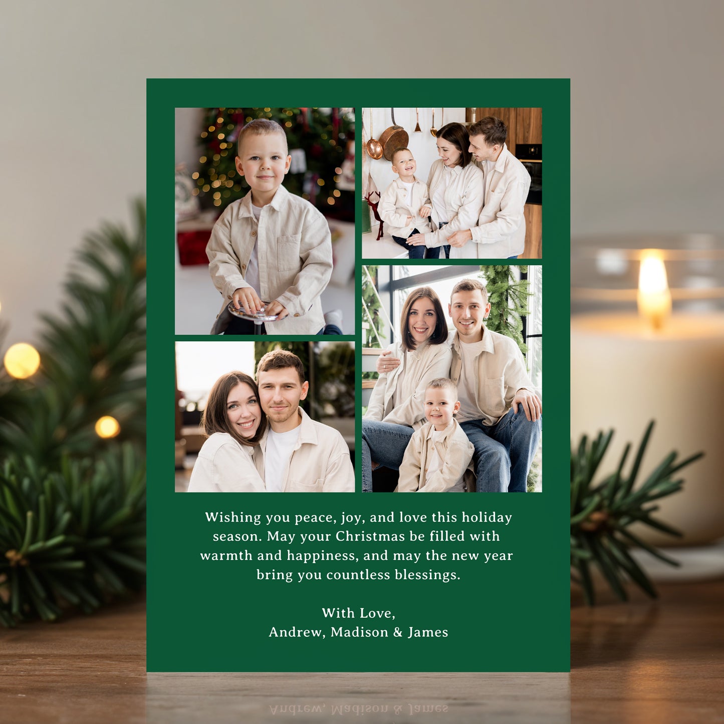 Whimsical Script Bow Green 5 Photo Christmas Card | Corjl Template