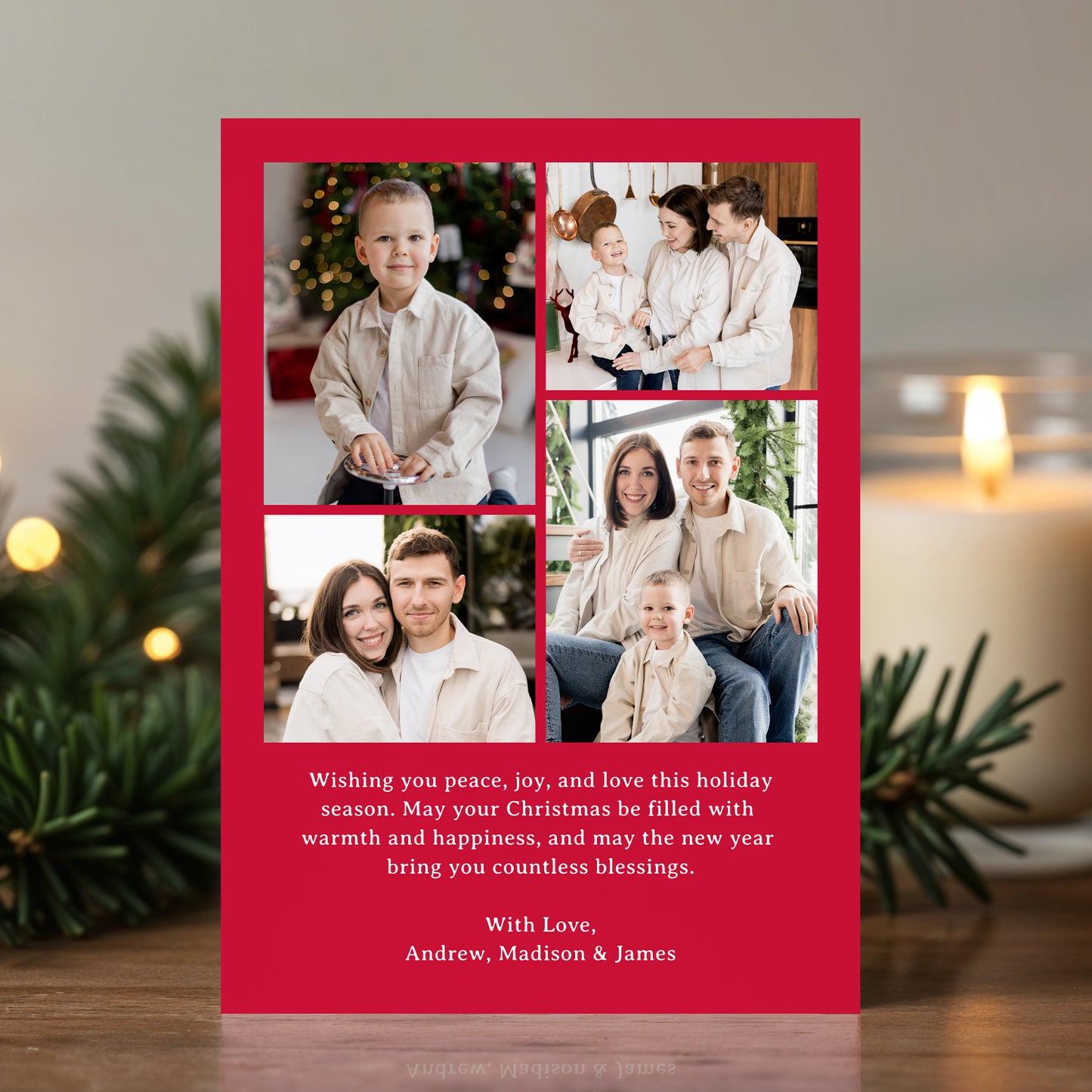 Whimsical Script Bow Red 5 Photo Christmas Card | Corjl Template
