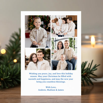 Whimsical Script Blue Bow 5 Photo Christmas Card | Corjl Template