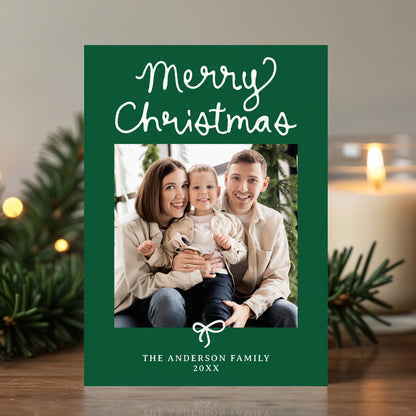 Whimsical Script Bow Green 5 Photo Christmas Card | Corjl Template