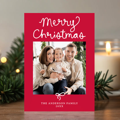 Whimsical Script Bow Red 5 Photo Christmas Card | Corjl Template