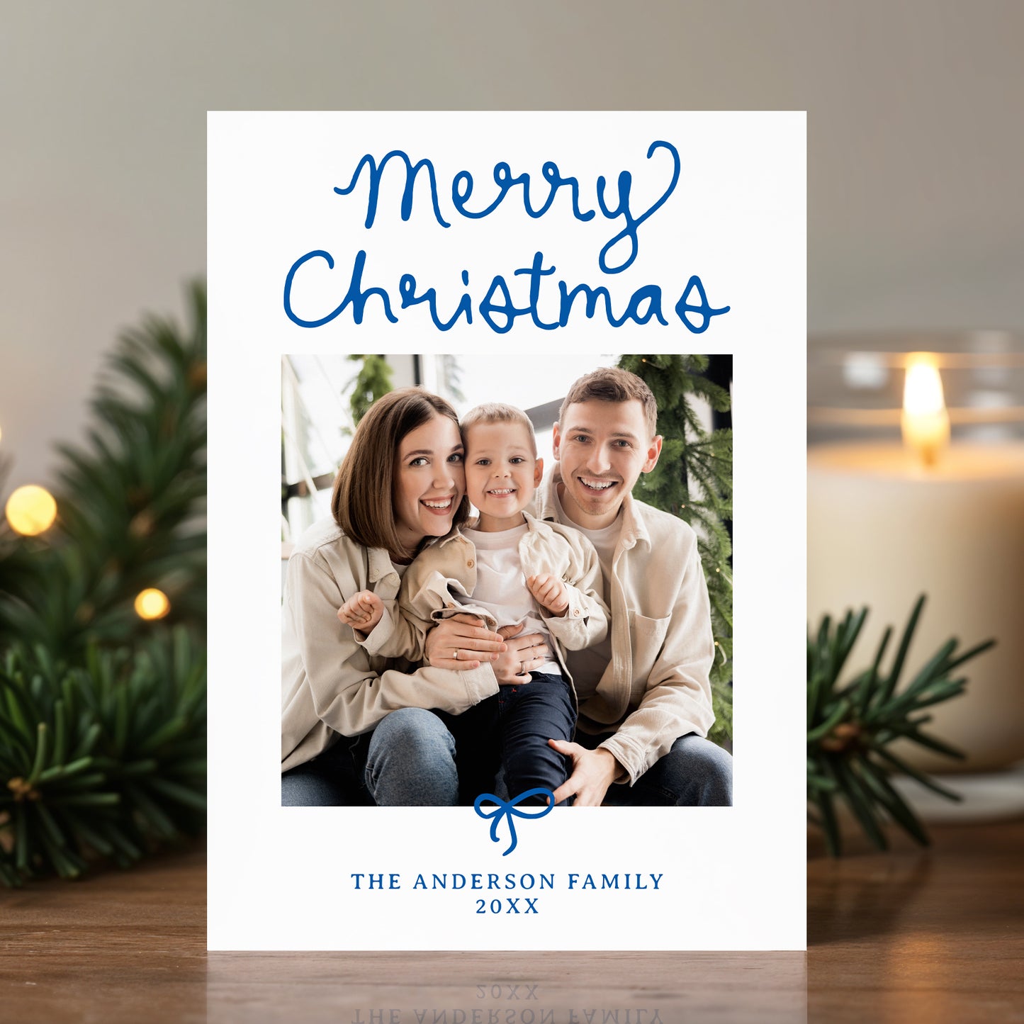 Whimsical Script Blue Bow 5 Photo Christmas Card | Corjl Template