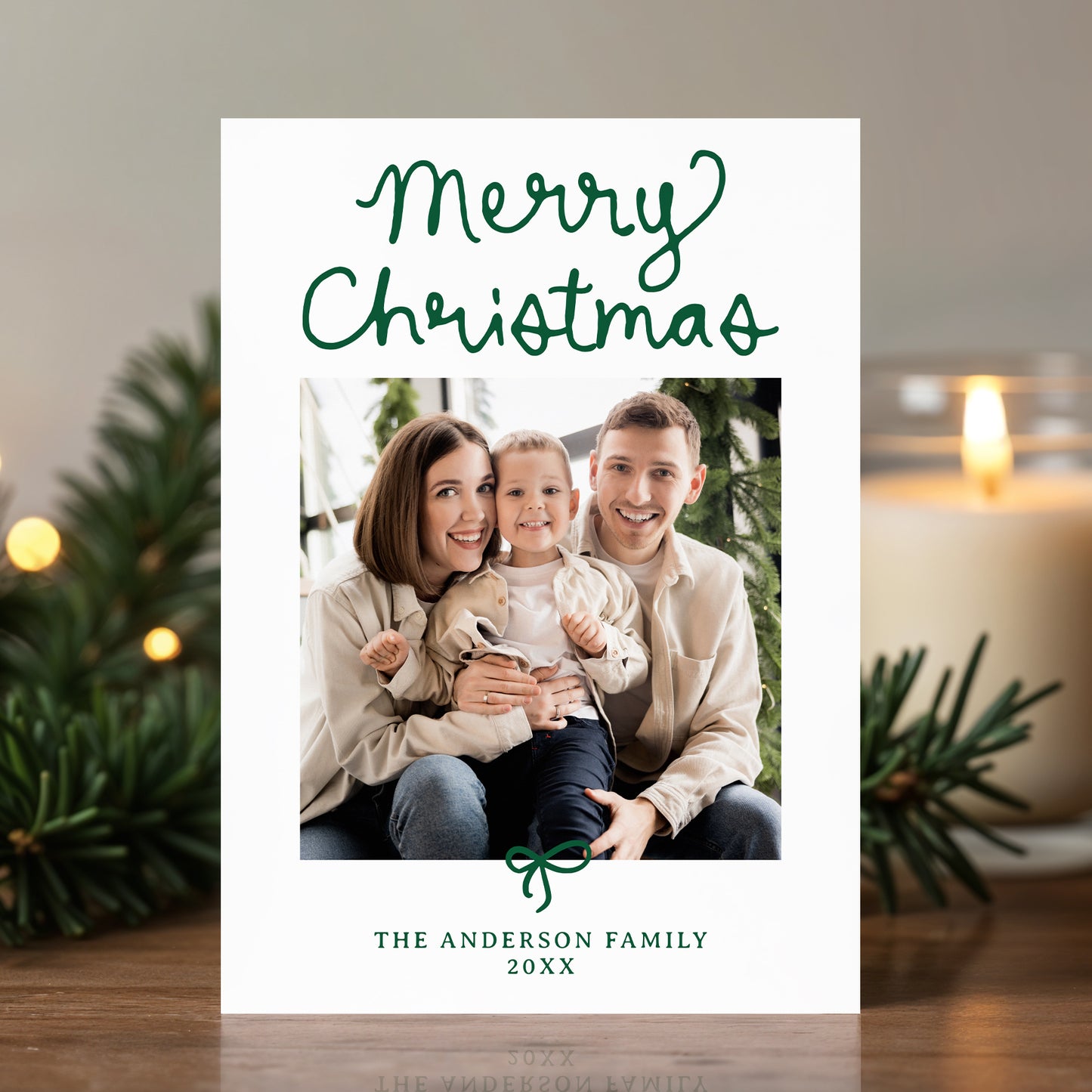 Whimsical Script Green Bow 5 Photo Christmas Card | Corjl Template
