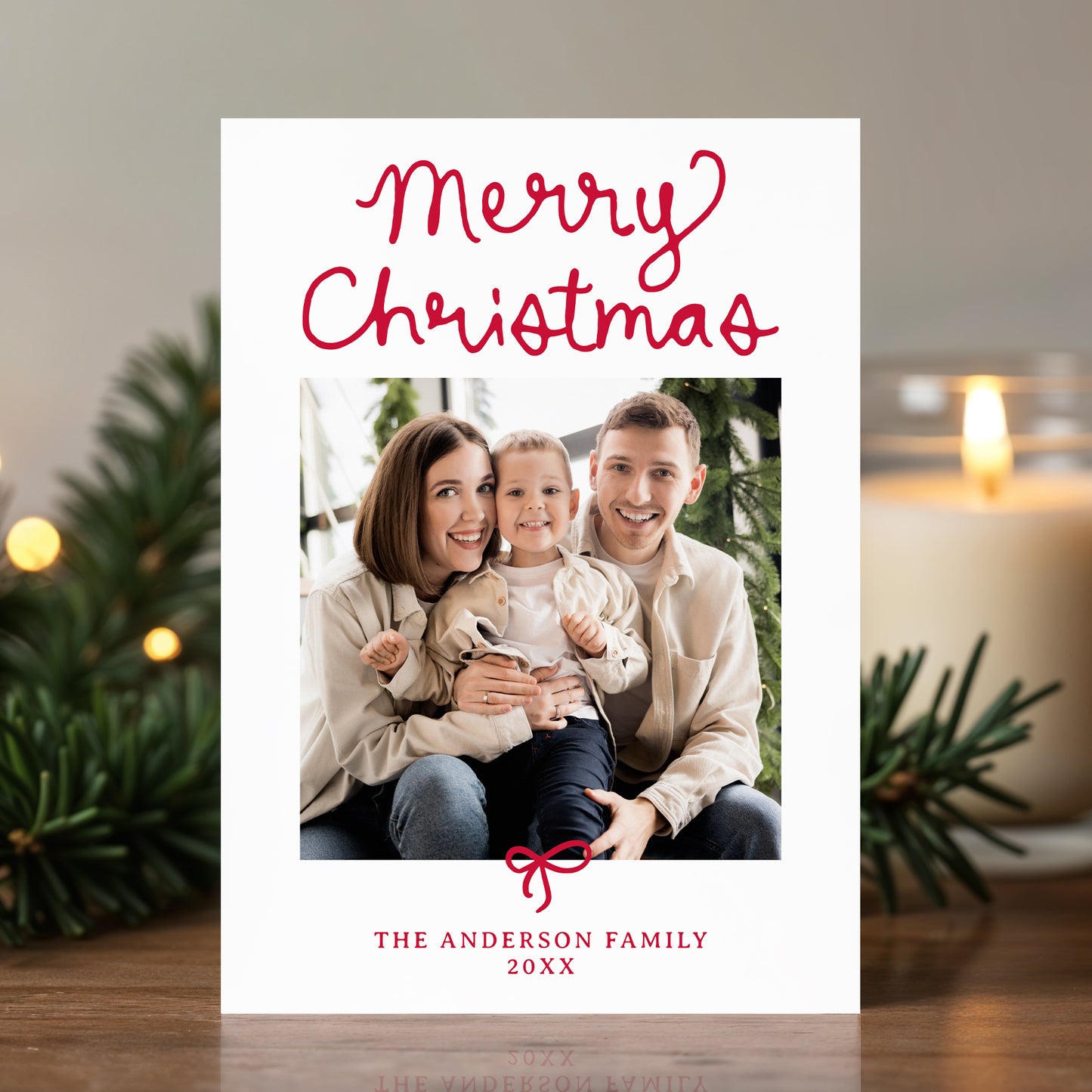 Whimsical Script Red Bow 5 Photo Christmas Card | Corjl Template