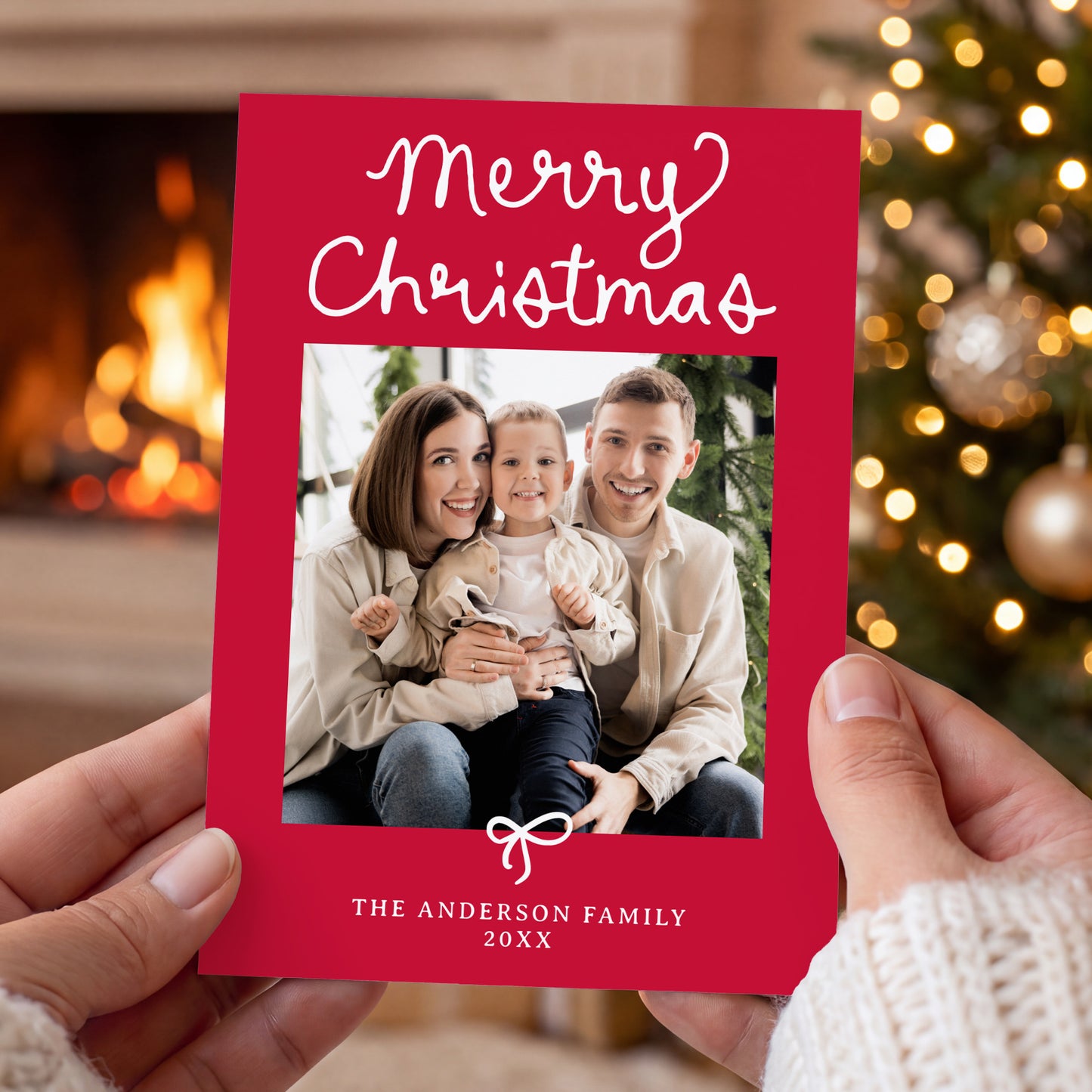 Whimsical Script Bow Red 5 Photo Christmas Card | Corjl Template