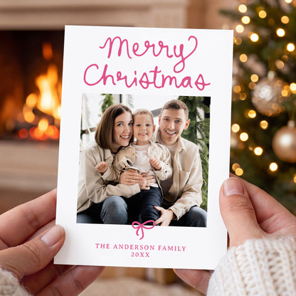 Whimsical Script Pink Bow 5 Photo Christmas Card | Corjl Listing