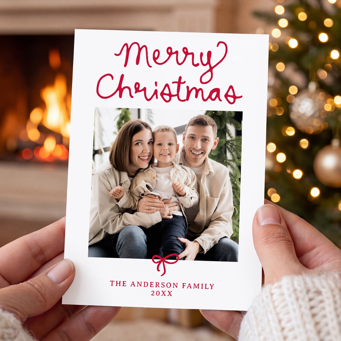 Whimsical Script Red Bow 5 Photo Christmas Card | Corjl Template