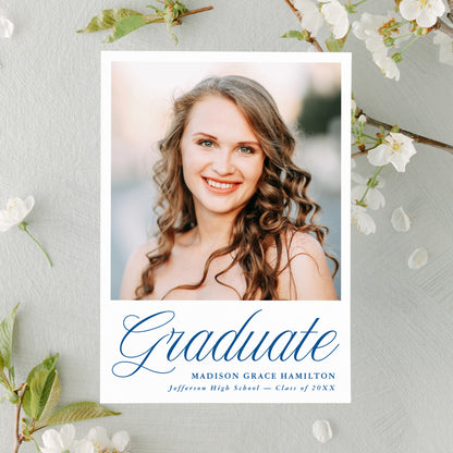 Elegant Blue Script Photo Graduation Announcement | Canva Template