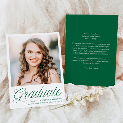 Elegant Green Script Photo Graduation Announcement | Canva Template