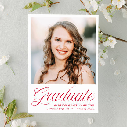 Elegant Red Script Photo Graduation Announcement | Canva Template