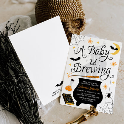 Whimsical A Baby Is Brewing Halloween Baby Shower Invitation Template