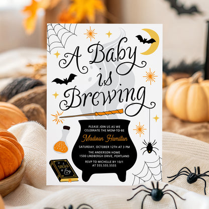 Whimsical A Baby Is Brewing Halloween Baby Shower Invitation Template