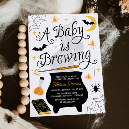 Whimsical A Baby Is Brewing Halloween Baby Shower Invitation Template