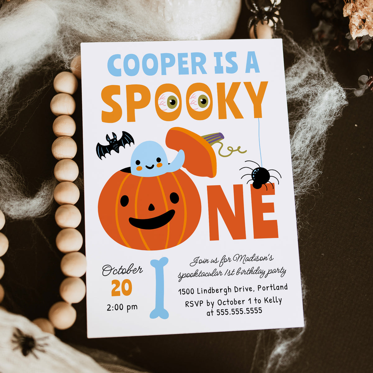 Spooky One Halloween Blue Ghost 1st Birthday Party Invitation Template