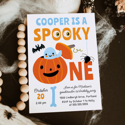 Spooky One Halloween Blue Ghost 1st Birthday Party Invitation Template