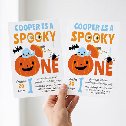 Spooky One Halloween Blue Ghost 1st Birthday Party Invitation Template