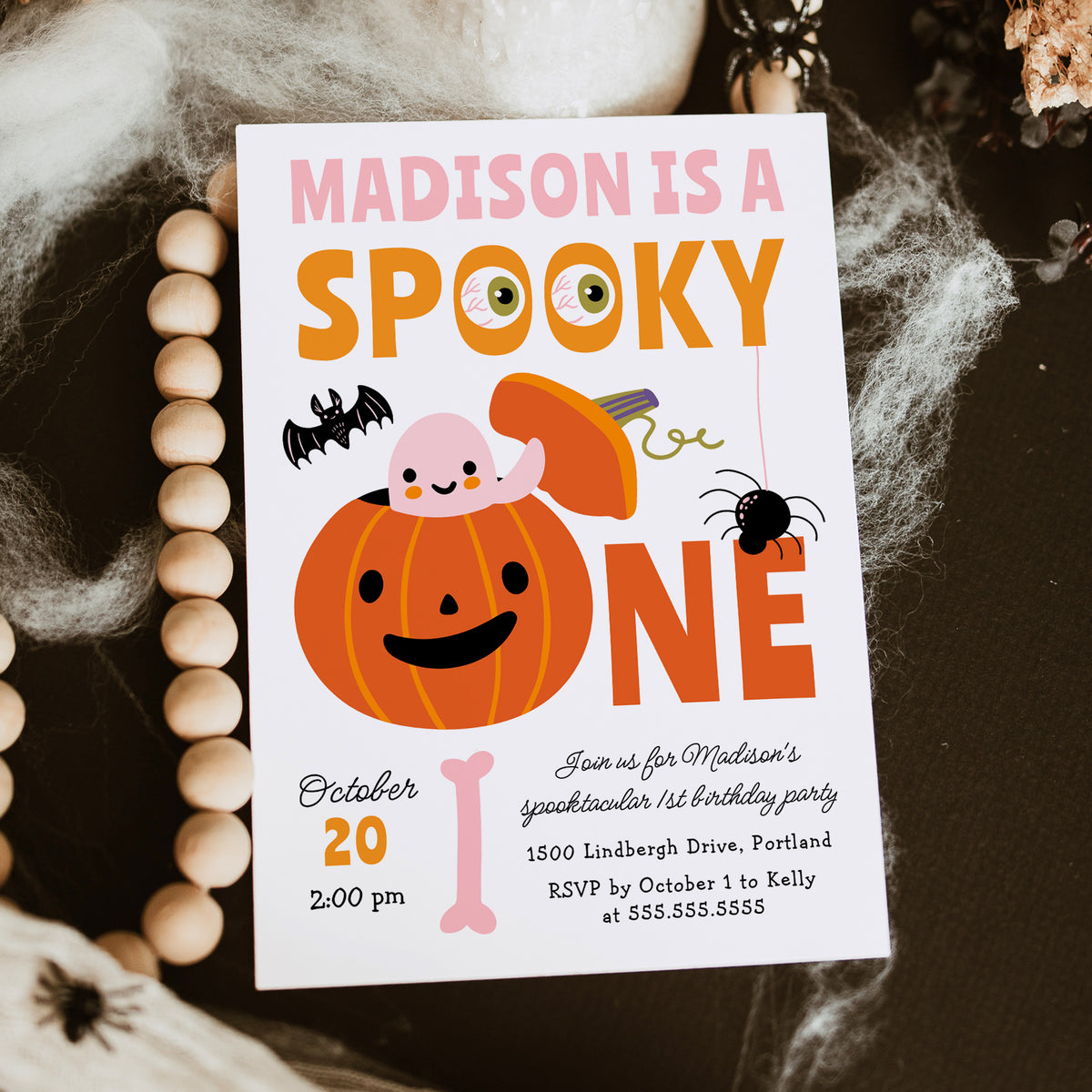 Spooky One Halloween Pink Ghost 1st Birthday Party Invitation Template
