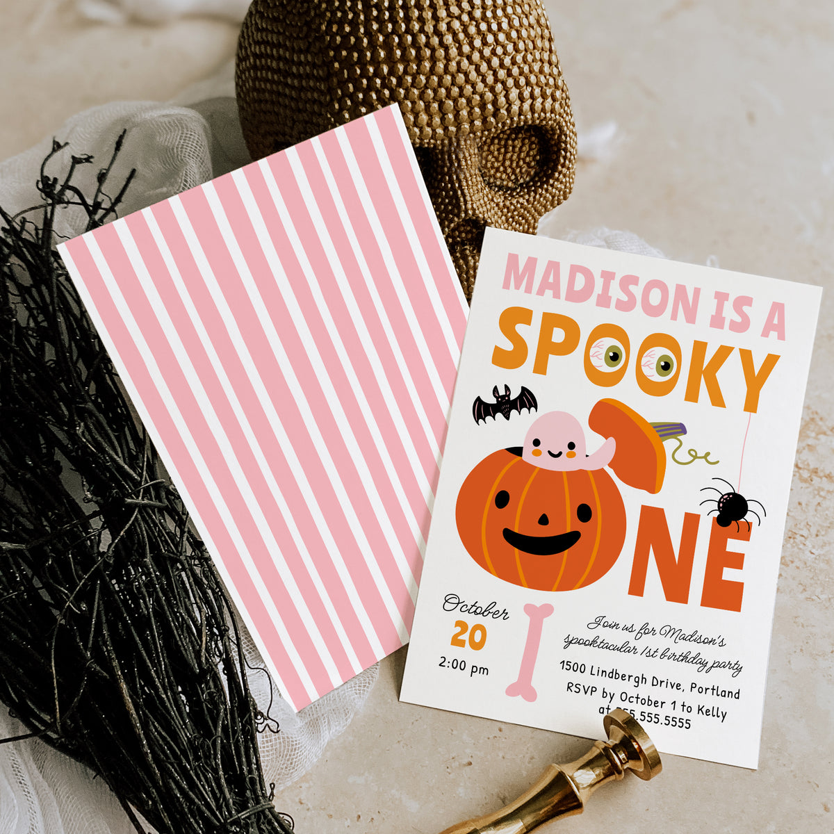 Spooky One Halloween Pink Ghost 1st Birthday Party Invitation Template