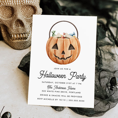 Cute Watercolor Jack-O-Lantern Halloween Party Invitation Template