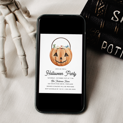 Cute Watercolor Jack-O-Lantern Halloween Party Invitation Template