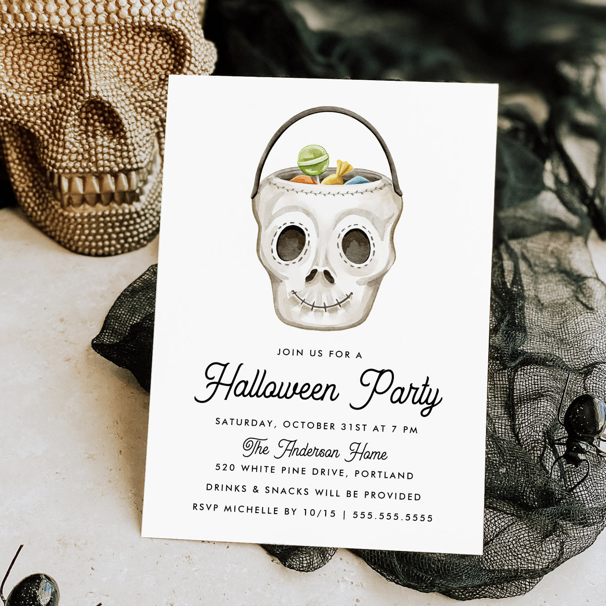 Cute Sugar Skull Treat Bucket Halloween Party Invitation Template