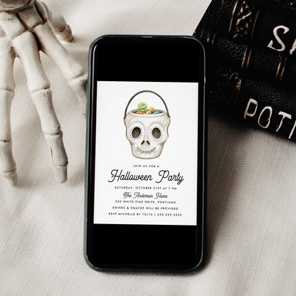 Cute Sugar Skull Treat Bucket Halloween Party Invitation Template