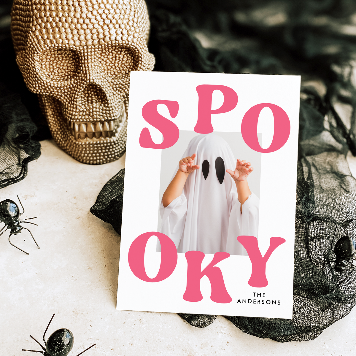 Retro Pink Spooky Halloween Photo Card Template