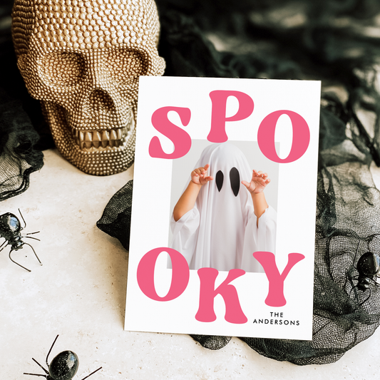 Retro Pink Spooky Halloween Photo Card Template