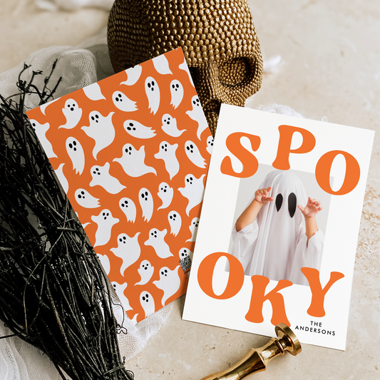 Retro Orange Spooky Halloween Photo Card Template