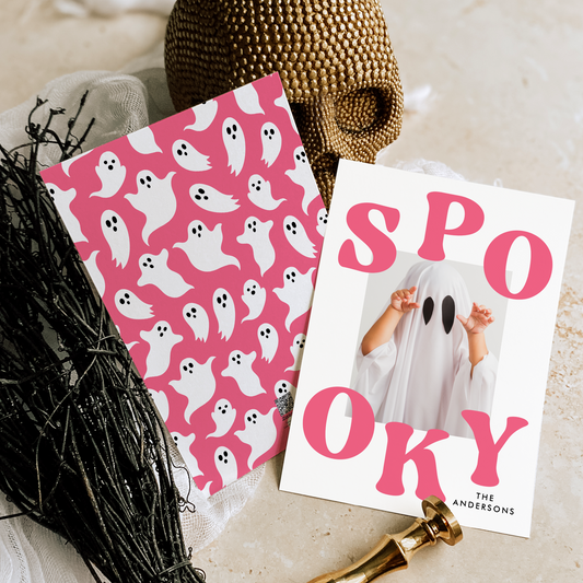 Retro Pink Spooky Halloween Photo Card Template