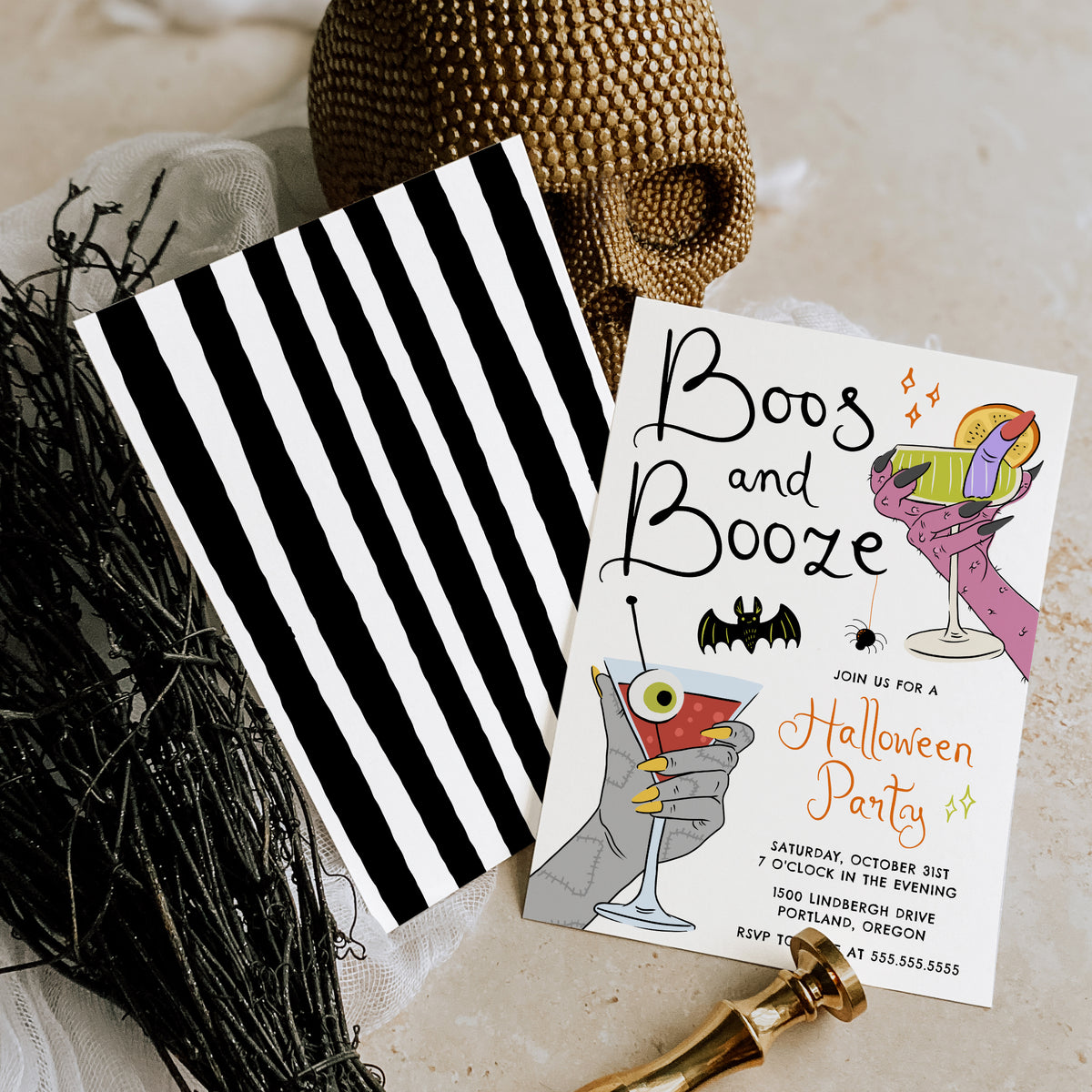Boos and Booze Spooky Cocktails Halloween Party Invitation Template