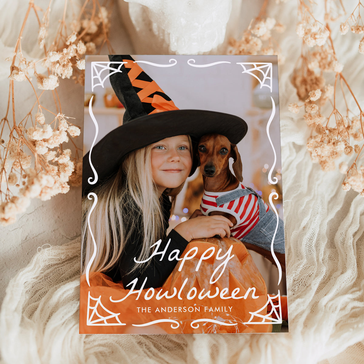 Whimsical Spiderweb Frame Dog Halloween Photo Card Template