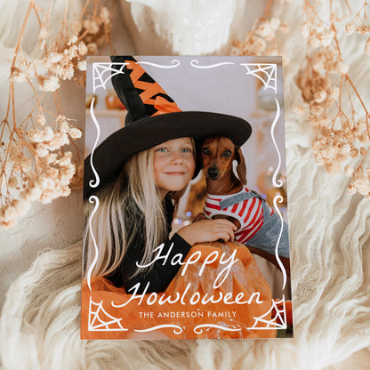 Whimsical Spiderweb Frame Dog Halloween Photo Card Template